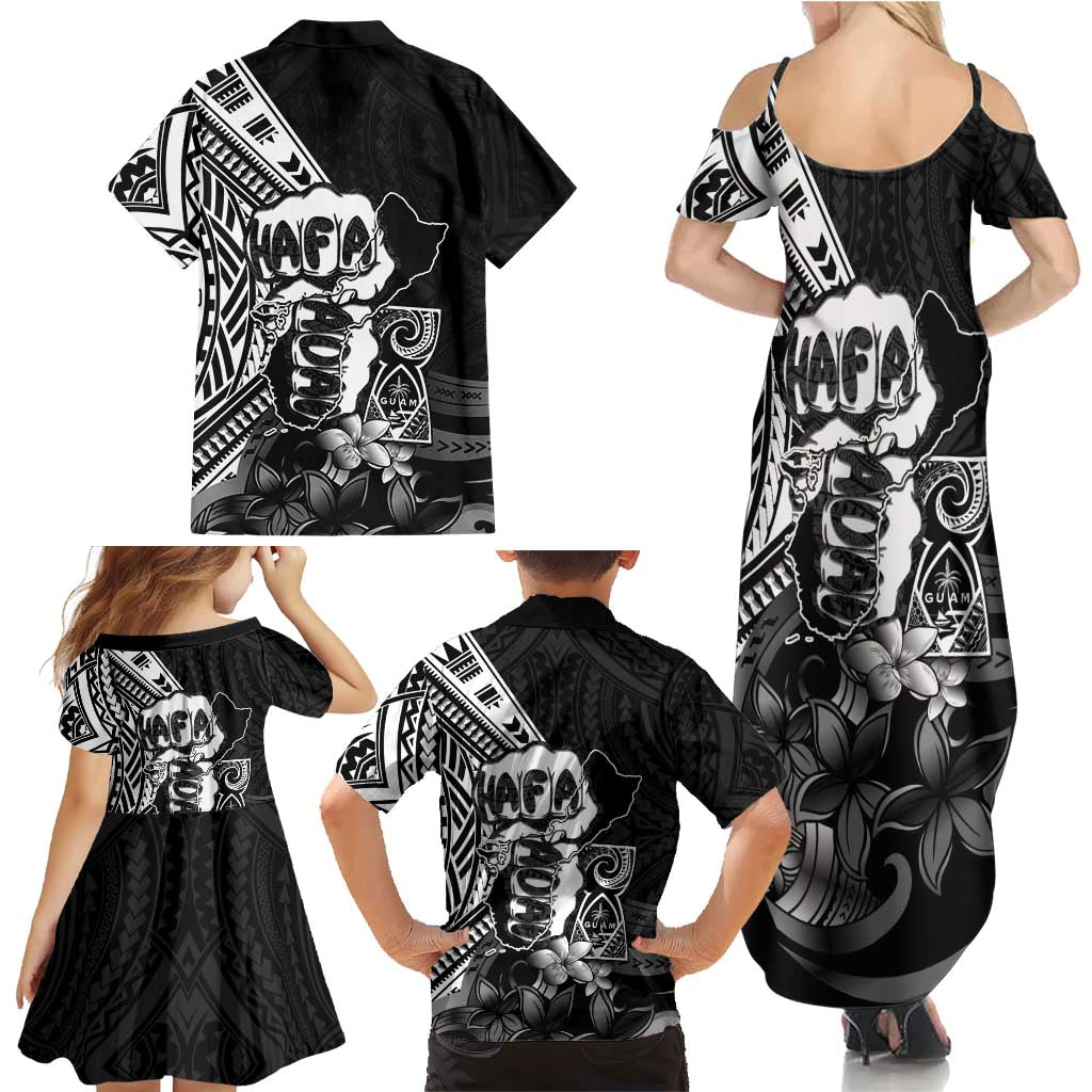 Hafa Adai Guam Discovery Day Family Matching Summer Maxi Dress and Hawaiian Shirt Chamorro Latte Stone Hand Black Version