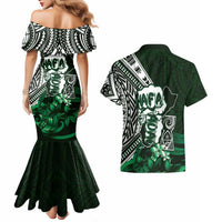 Hafa Adai Guam Discovery Day Couples Matching Mermaid Dress and Hawaiian Shirt Chamorro Latte Stone Hand Green Version