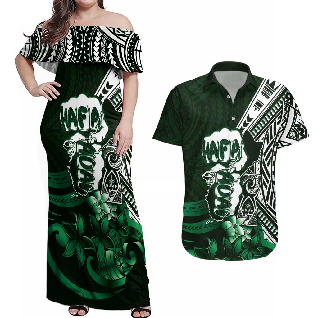 Hafa Adai Guam Discovery Day Couples Matching Off Shoulder Maxi Dress and Hawaiian Shirt Chamorro Latte Stone Hand Green Version