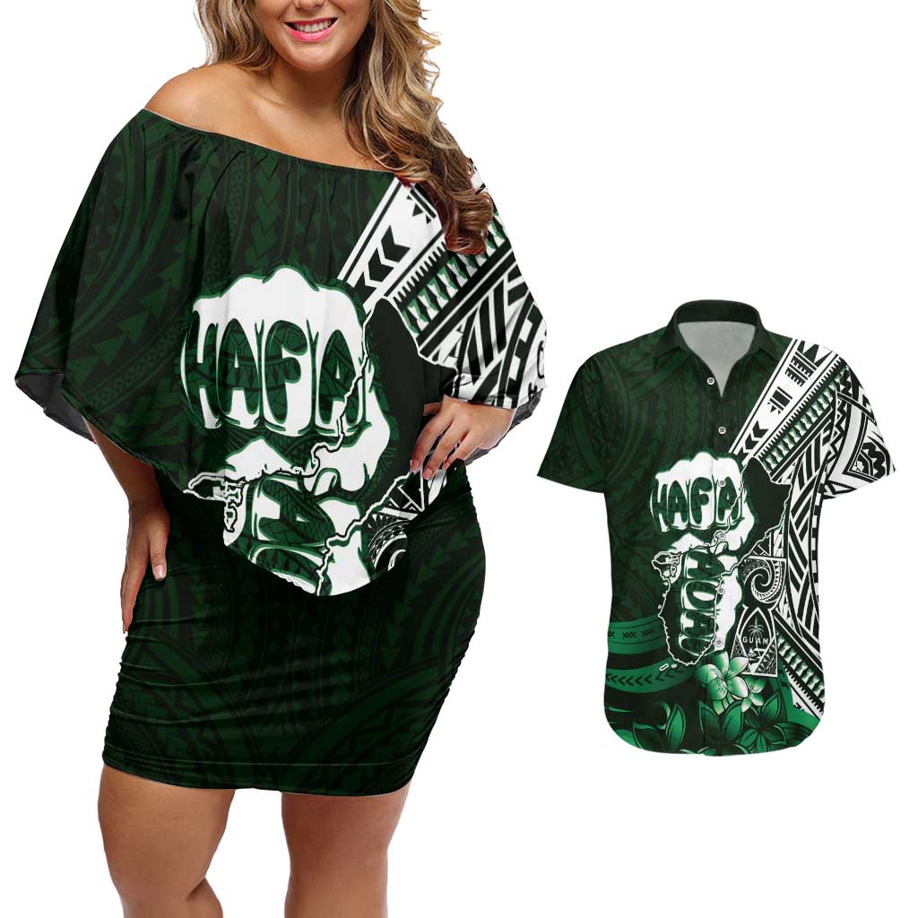 Hafa Adai Guam Discovery Day Couples Matching Off Shoulder Short Dress and Hawaiian Shirt Chamorro Latte Stone Hand Green Version
