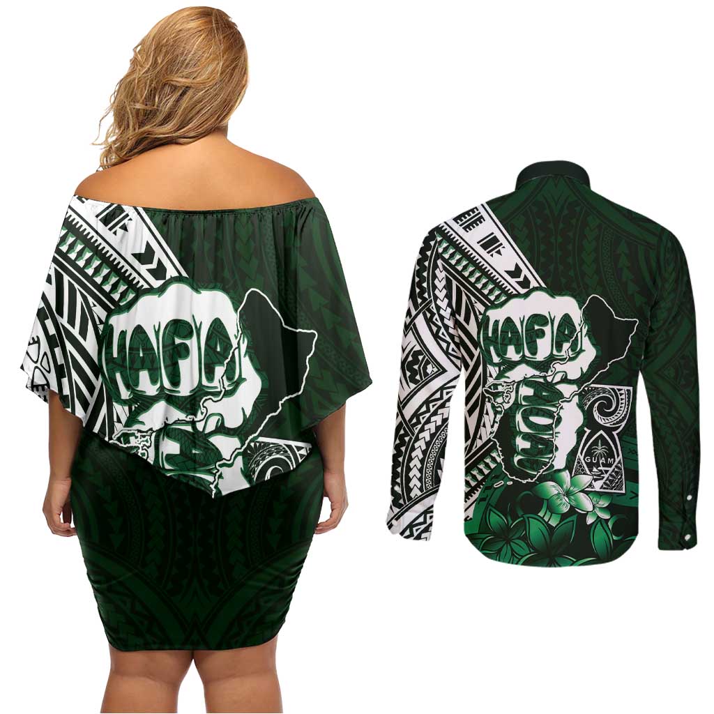 Hafa Adai Guam Discovery Day Couples Matching Off Shoulder Short Dress and Long Sleeve Button Shirt Chamorro Latte Stone Hand Green Version LT14 - Polynesian Pride