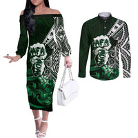 Hafa Adai Guam Discovery Day Couples Matching Off The Shoulder Long Sleeve Dress and Long Sleeve Button Shirt Chamorro Latte Stone Hand Green Version