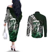 Hafa Adai Guam Discovery Day Couples Matching Off The Shoulder Long Sleeve Dress and Long Sleeve Button Shirt Chamorro Latte Stone Hand Green Version