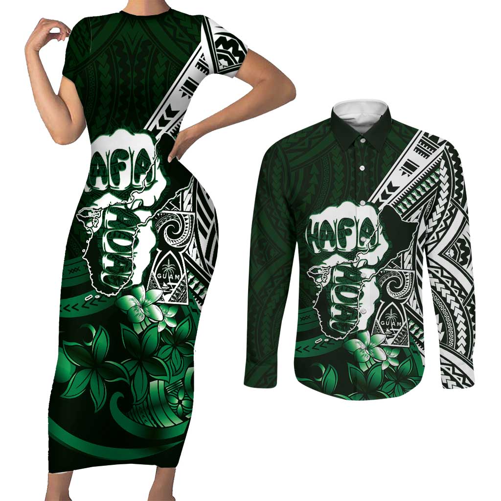 Hafa Adai Guam Discovery Day Couples Matching Short Sleeve Bodycon Dress and Long Sleeve Button Shirt Chamorro Latte Stone Hand Green Version