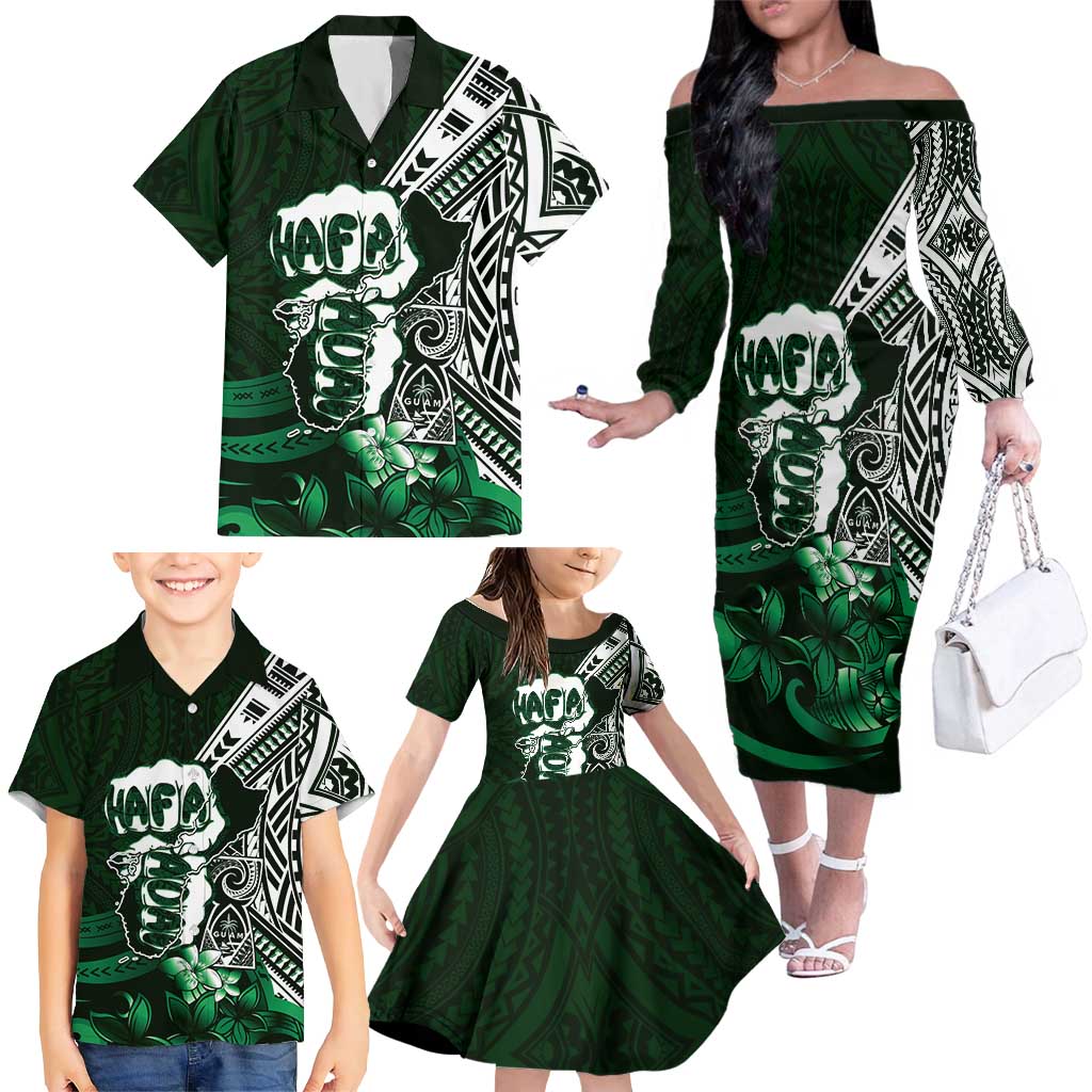 Hafa Adai Guam Discovery Day Family Matching Off The Shoulder Long Sleeve Dress and Hawaiian Shirt Chamorro Latte Stone Hand Green Version LT14 - Polynesian Pride