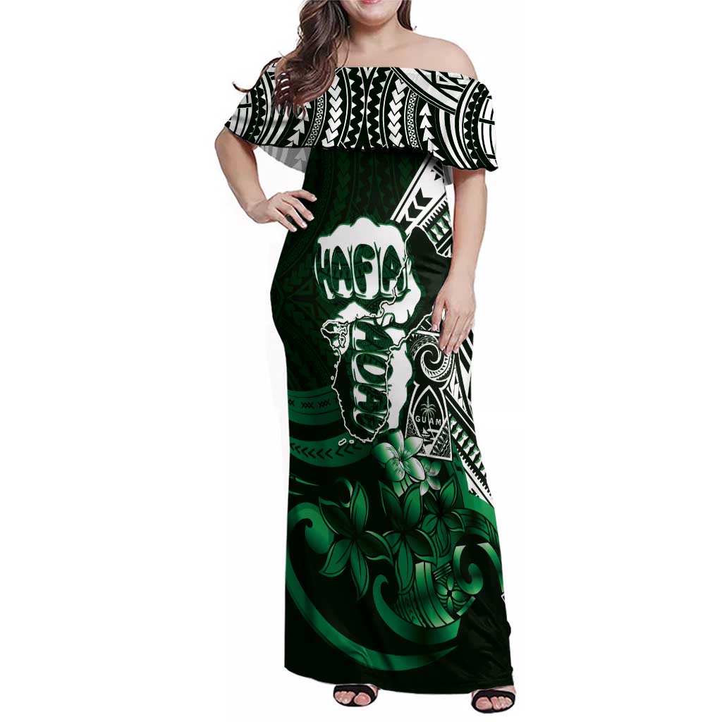 Hafa Adai Guam Discovery Day Family Matching Off Shoulder Maxi Dress and Hawaiian Shirt Chamorro Latte Stone Hand Green Version LT14 Mom's Dress Green - Polynesian Pride