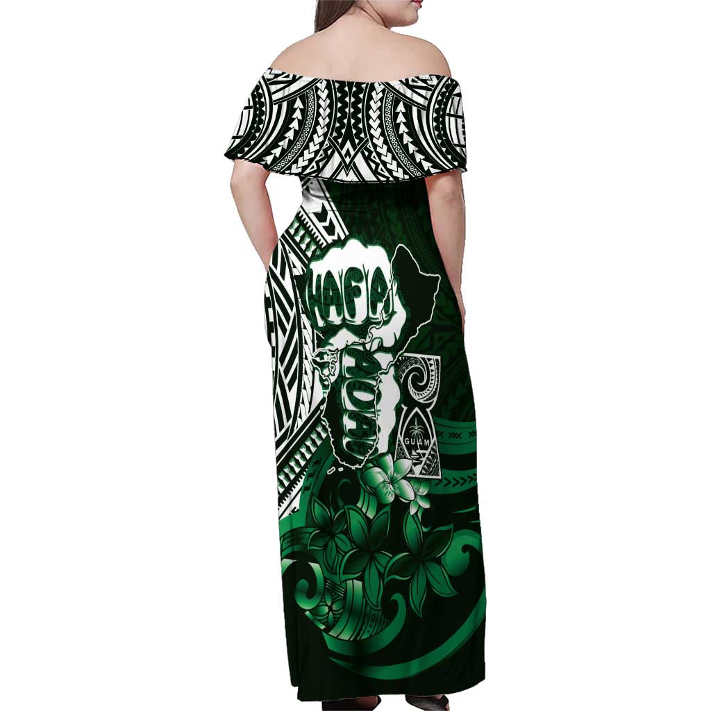 Hafa Adai Guam Discovery Day Family Matching Off Shoulder Maxi Dress and Hawaiian Shirt Chamorro Latte Stone Hand Green Version LT14 - Polynesian Pride