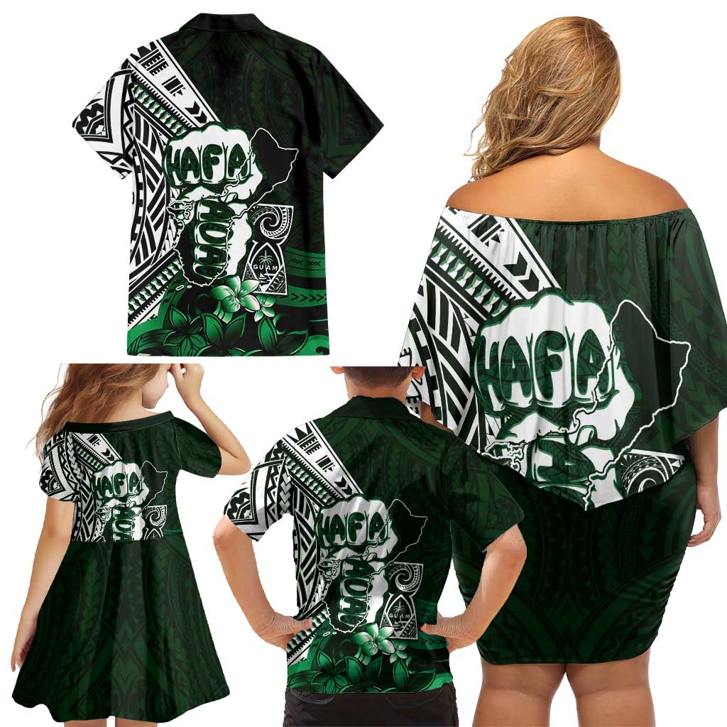 Hafa Adai Guam Discovery Day Family Matching Off Shoulder Short Dress and Hawaiian Shirt Chamorro Latte Stone Hand Green Version LT14 - Polynesian Pride