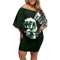 Hafa Adai Guam Discovery Day Family Matching Off Shoulder Short Dress and Hawaiian Shirt Chamorro Latte Stone Hand Green Version LT14 Mom's Dress Green - Polynesian Pride