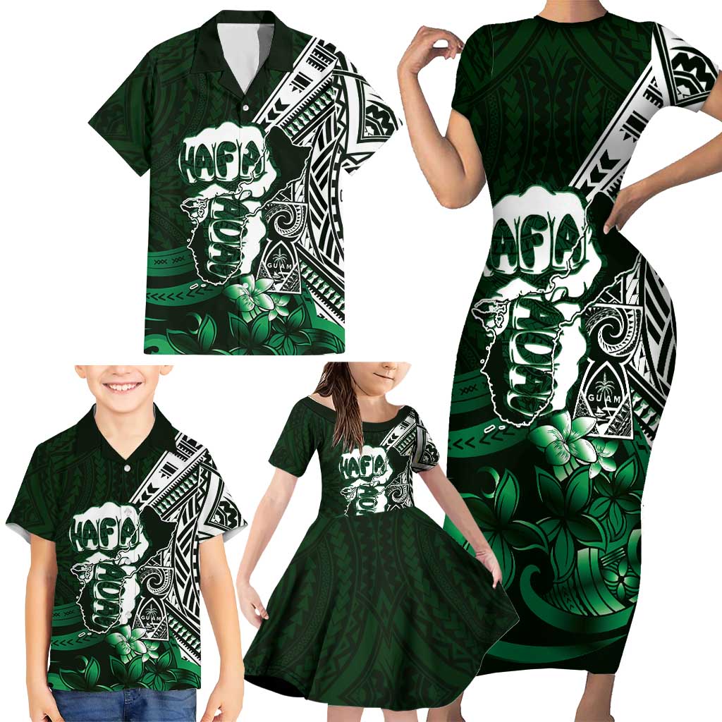 Hafa Adai Guam Discovery Day Family Matching Short Sleeve Bodycon Dress and Hawaiian Shirt Chamorro Latte Stone Hand Green Version
