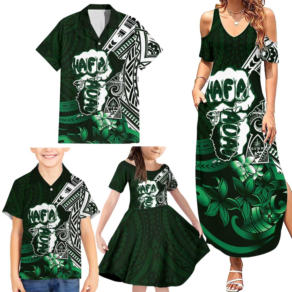 Hafa Adai Guam Discovery Day Family Matching Summer Maxi Dress and Hawaiian Shirt Chamorro Latte Stone Hand Green Version