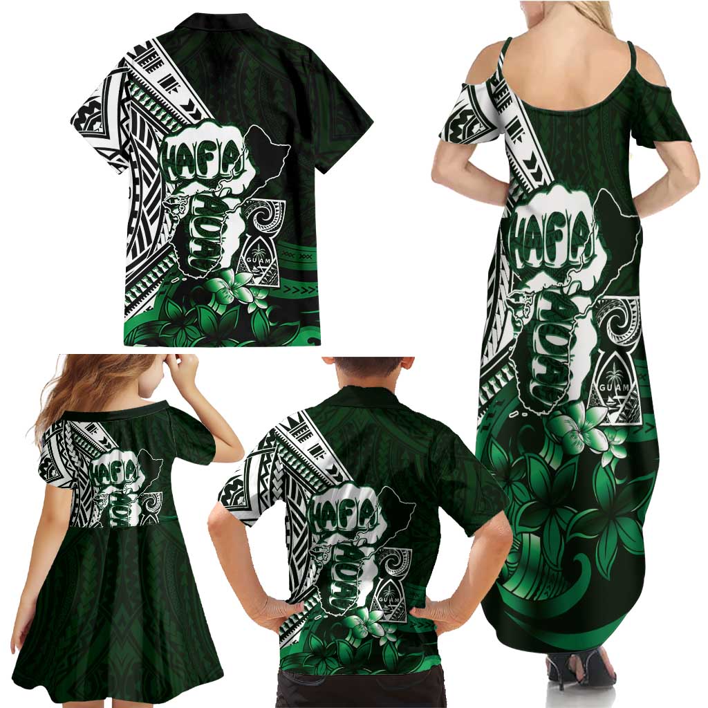 Hafa Adai Guam Discovery Day Family Matching Summer Maxi Dress and Hawaiian Shirt Chamorro Latte Stone Hand Green Version