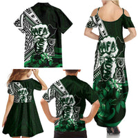 Hafa Adai Guam Discovery Day Family Matching Summer Maxi Dress and Hawaiian Shirt Chamorro Latte Stone Hand Green Version