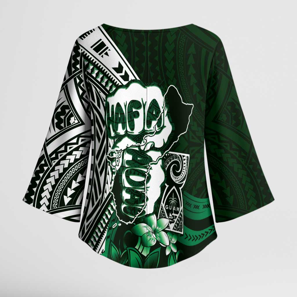 Hafa Adai Guam Discovery Day Kimono Sleeve Blouse Chamorro Latte Stone Hand Green Version