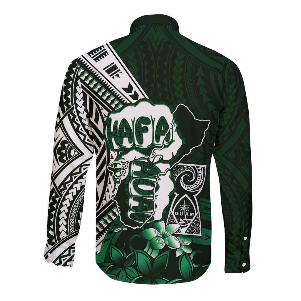 Hafa Adai Guam Discovery Day Long Sleeve Button Shirt Chamorro Latte Stone Hand Green Version