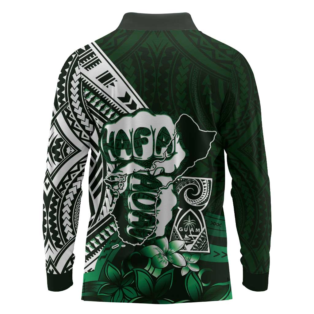 Hafa Adai Guam Discovery Day Long Sleeve Polo Shirt Chamorro Latte Stone Hand Green Version