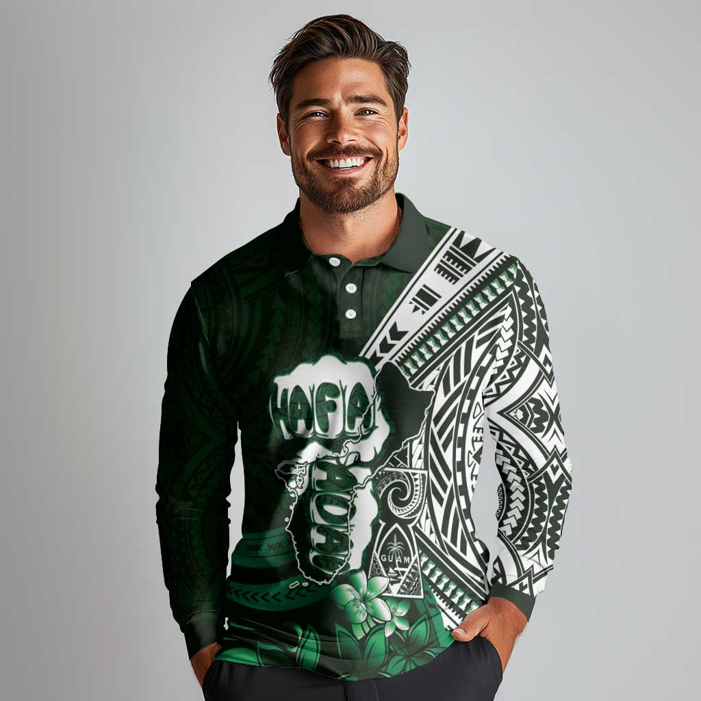 Hafa Adai Guam Discovery Day Long Sleeve Polo Shirt Chamorro Latte Stone Hand Green Version