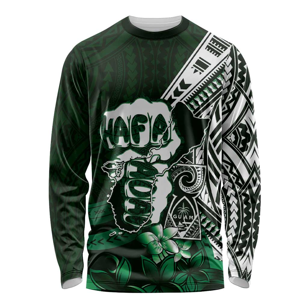 Hafa Adai Guam Discovery Day Long Sleeve Shirt Chamorro Latte Stone Hand Green Version