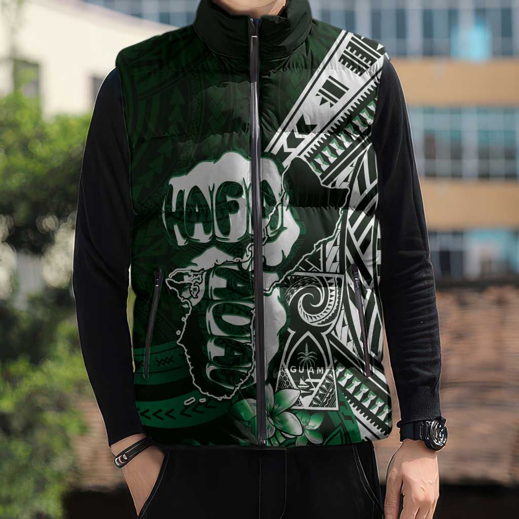 Hafa Adai Guam Discovery Day Sleeveless Puffer Jacket Chamorro Latte Stone Hand Green Version