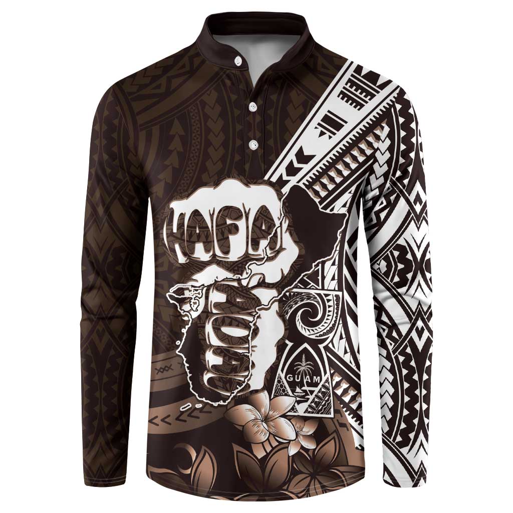 Hafa Adai Guam Discovery Day Button Sweatshirt Chamorro Latte Stone Hand Brown Version