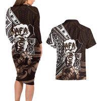 Hafa Adai Guam Discovery Day Couples Matching Long Sleeve Bodycon Dress and Hawaiian Shirt Chamorro Latte Stone Hand Brown Version