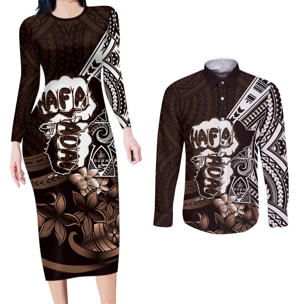 Hafa Adai Guam Discovery Day Couples Matching Long Sleeve Bodycon Dress and Long Sleeve Button Shirt Chamorro Latte Stone Hand Brown Version