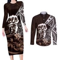 Hafa Adai Guam Discovery Day Couples Matching Long Sleeve Bodycon Dress and Long Sleeve Button Shirt Chamorro Latte Stone Hand Brown Version