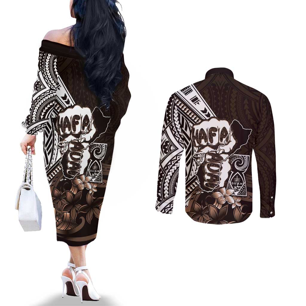 Hafa Adai Guam Discovery Day Couples Matching Off The Shoulder Long Sleeve Dress and Long Sleeve Button Shirt Chamorro Latte Stone Hand Brown Version