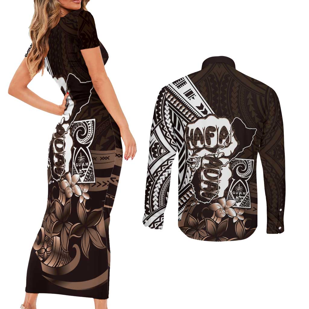 Hafa Adai Guam Discovery Day Couples Matching Short Sleeve Bodycon Dress and Long Sleeve Button Shirt Chamorro Latte Stone Hand Brown Version
