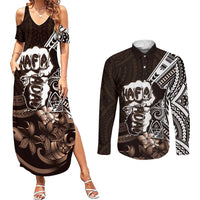 Hafa Adai Guam Discovery Day Couples Matching Summer Maxi Dress and Long Sleeve Button Shirt Chamorro Latte Stone Hand Brown Version