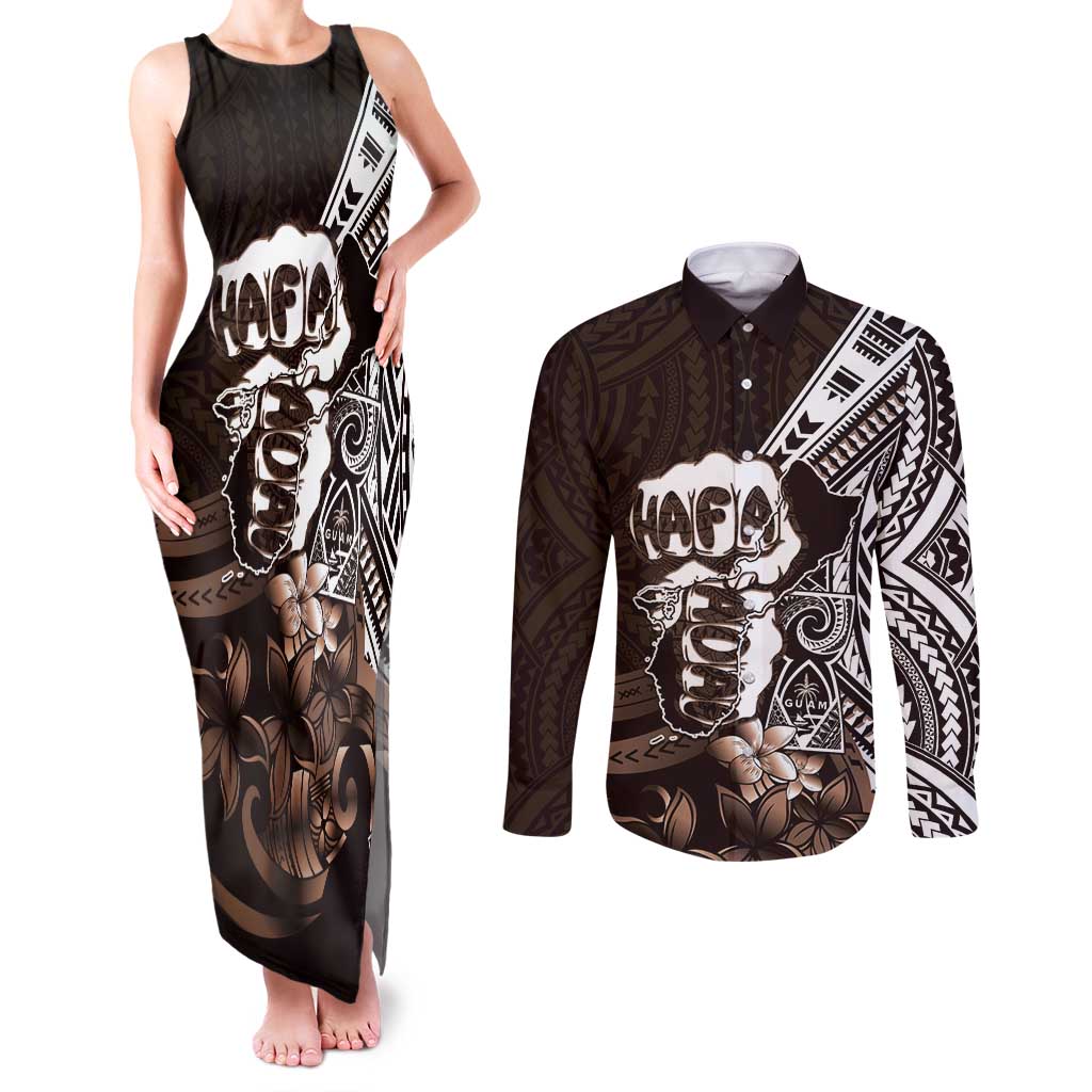 Hafa Adai Guam Discovery Day Couples Matching Tank Maxi Dress and Long Sleeve Button Shirt Chamorro Latte Stone Hand Brown Version