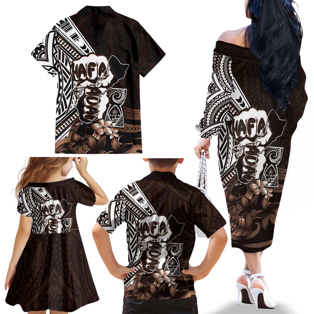 Hafa Adai Guam Discovery Day Family Matching Off The Shoulder Long Sleeve Dress and Hawaiian Shirt Chamorro Latte Stone Hand Brown Version LT14 - Polynesian Pride