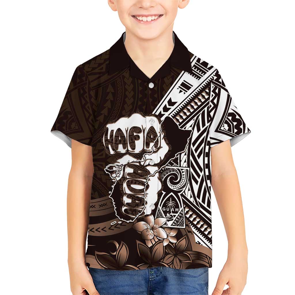 Hafa Adai Guam Discovery Day Family Matching Off The Shoulder Long Sleeve Dress and Hawaiian Shirt Chamorro Latte Stone Hand Brown Version LT14 Son's Shirt Brown - Polynesian Pride