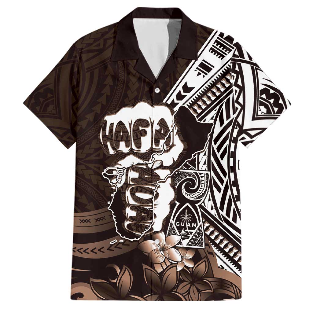 Hafa Adai Guam Discovery Day Family Matching Off Shoulder Short Dress and Hawaiian Shirt Chamorro Latte Stone Hand Brown Version