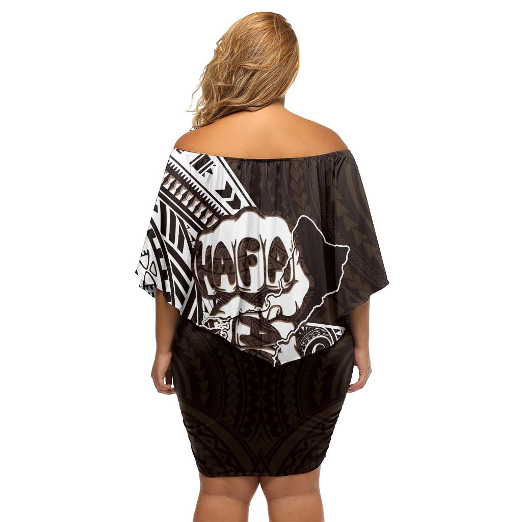 Hafa Adai Guam Discovery Day Family Matching Off Shoulder Short Dress and Hawaiian Shirt Chamorro Latte Stone Hand Brown Version