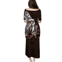 Hafa Adai Guam Discovery Day Family Matching Puletasi and Hawaiian Shirt Chamorro Latte Stone Hand Brown Version