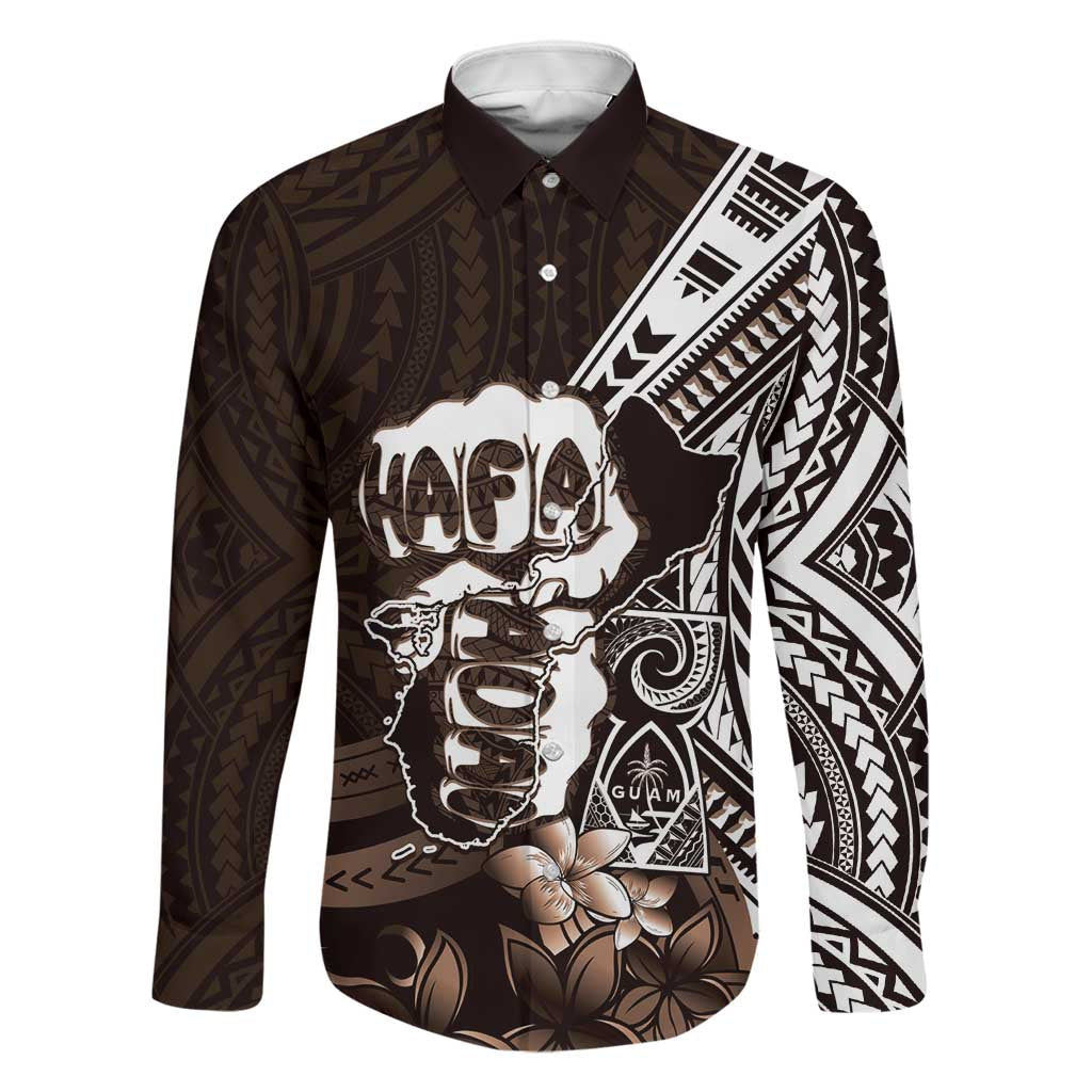 Hafa Adai Guam Discovery Day Family Matching Tank Maxi Dress and Hawaiian Shirt Chamorro Latte Stone Hand Brown Version LT14 Dad's Shirt - Long Sleeve Brown - Polynesian Pride