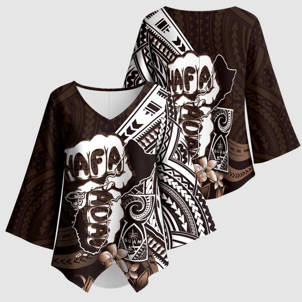 Hafa Adai Guam Discovery Day Kimono Sleeve Blouse Chamorro Latte Stone Hand Brown Version