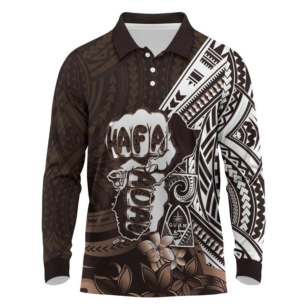 Hafa Adai Guam Discovery Day Long Sleeve Polo Shirt Chamorro Latte Stone Hand Brown Version