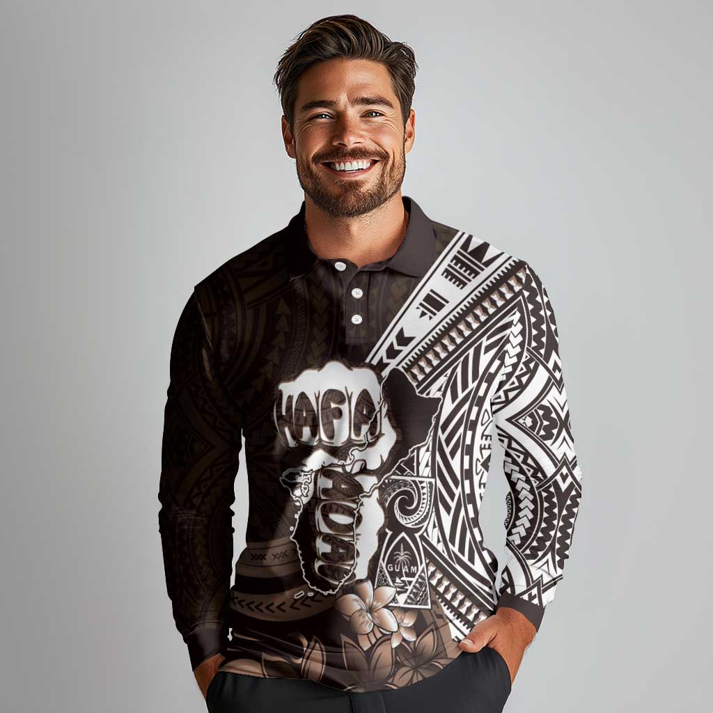 Hafa Adai Guam Discovery Day Long Sleeve Polo Shirt Chamorro Latte Stone Hand Brown Version
