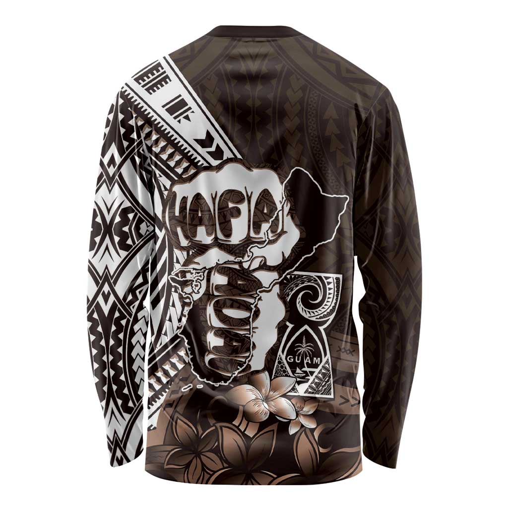 Hafa Adai Guam Discovery Day Long Sleeve Shirt Chamorro Latte Stone Hand Brown Version