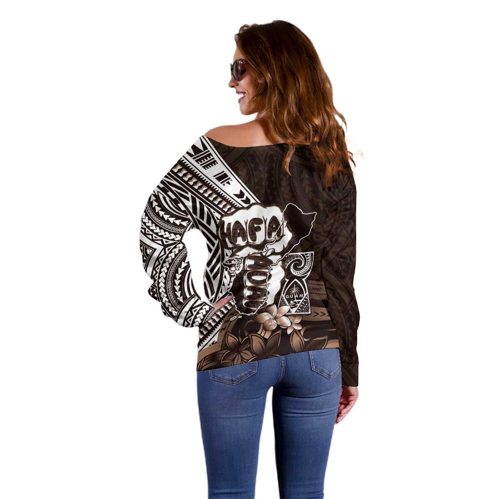 Hafa Adai Guam Discovery Day Off Shoulder Sweater Chamorro Latte Stone Hand Brown Version