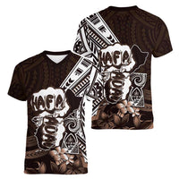 Hafa Adai Guam Discovery Day Women V-Neck T-Shirt Chamorro Latte Stone Hand Brown Version