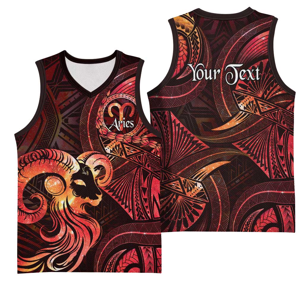 Personalised Polynesia Zodiac Aries Basketball Jersey Galaxy Polynesian Pattern Chest Tattoo Style
