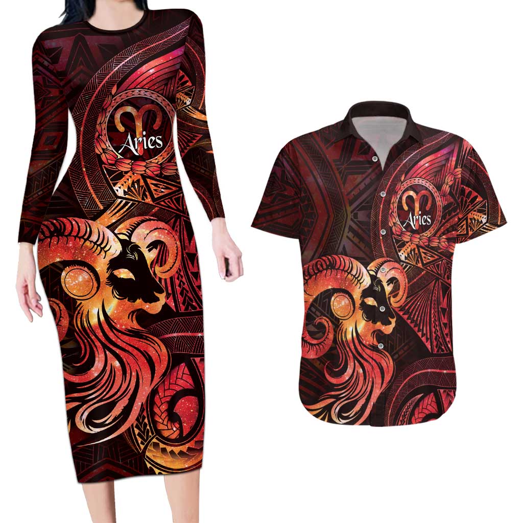 Personalised Polynesia Zodiac Aries Couples Matching Long Sleeve Bodycon Dress and Hawaiian Shirt Galaxy Polynesian Pattern Chest Tattoo Style