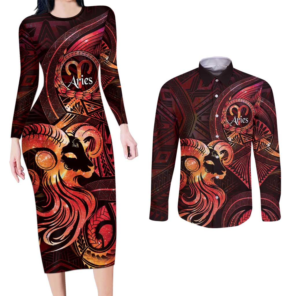 Personalised Polynesia Zodiac Aries Couples Matching Long Sleeve Bodycon Dress and Long Sleeve Button Shirt Galaxy Polynesian Pattern Chest Tattoo Style
