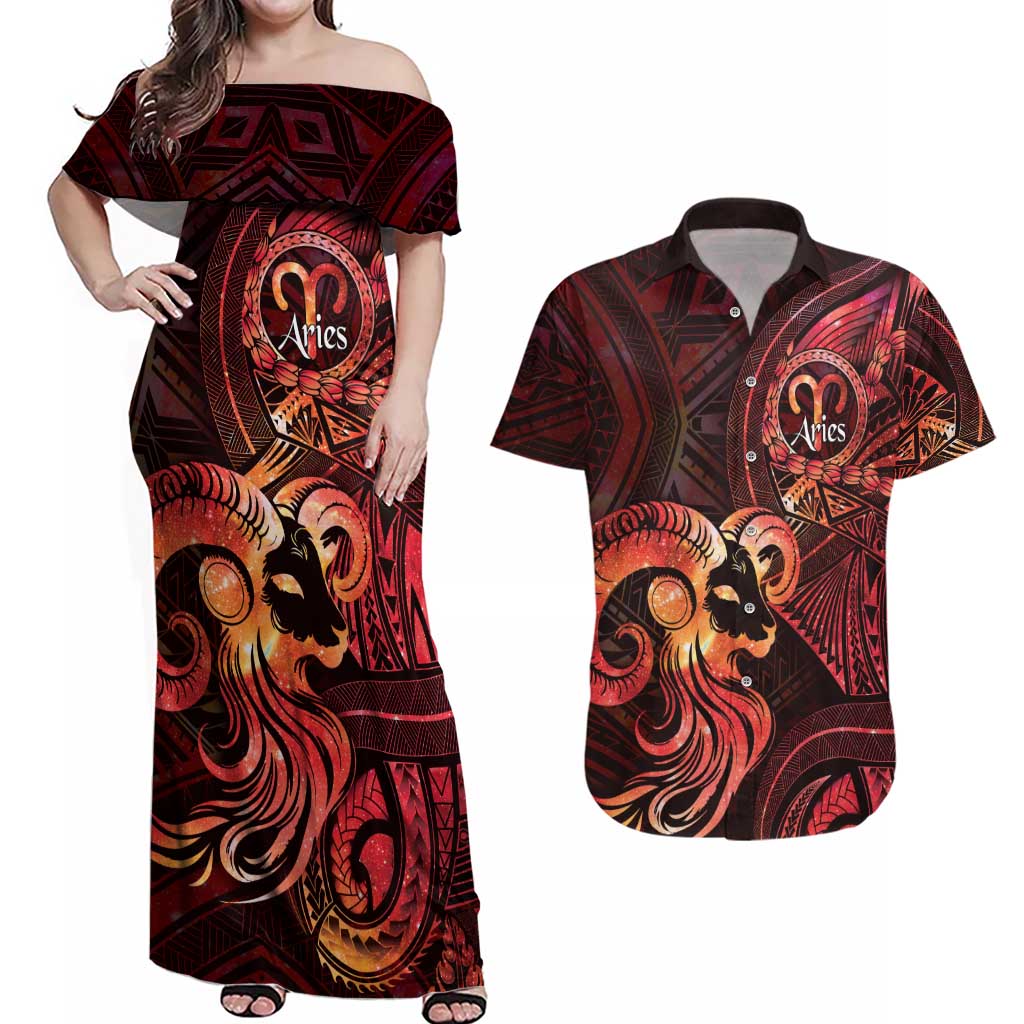 Personalised Polynesia Zodiac Aries Couples Matching Off Shoulder Maxi Dress and Hawaiian Shirt Galaxy Polynesian Pattern Chest Tattoo Style