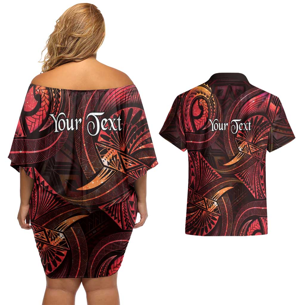 Personalised Polynesia Zodiac Aries Couples Matching Off Shoulder Short Dress and Hawaiian Shirt Galaxy Polynesian Pattern Chest Tattoo Style