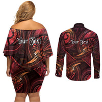 Personalised Polynesia Zodiac Aries Couples Matching Off Shoulder Short Dress and Long Sleeve Button Shirt Galaxy Polynesian Pattern Chest Tattoo Style