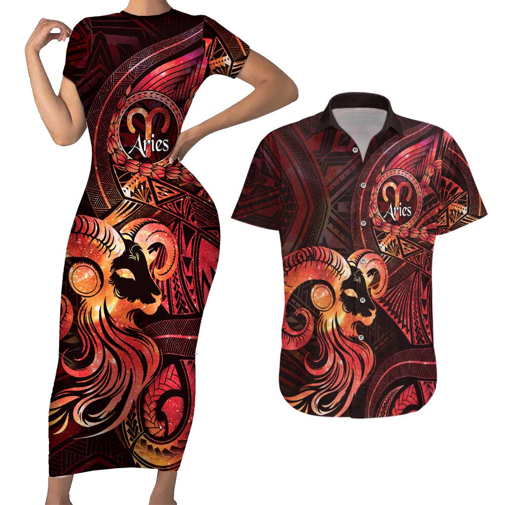 Personalised Polynesia Zodiac Aries Couples Matching Short Sleeve Bodycon Dress and Hawaiian Shirt Galaxy Polynesian Pattern Chest Tattoo Style